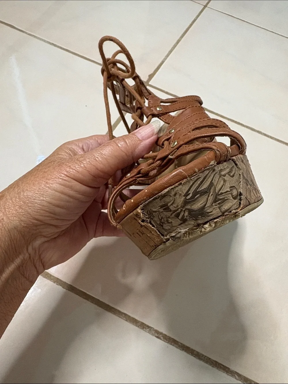 Brash Brown Lace-Up Cork Wedge Sandals. Size  8